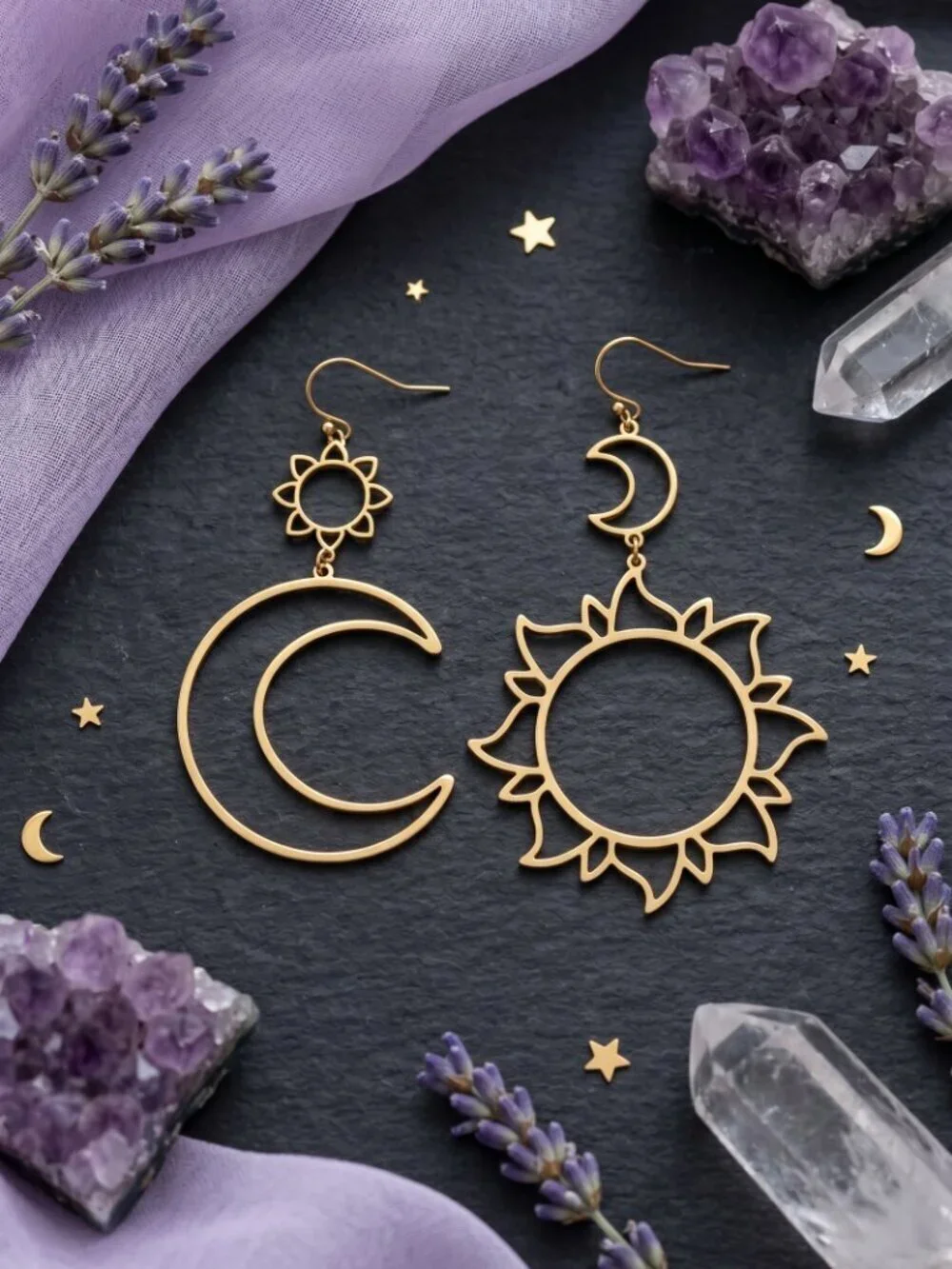 Sun Moon Mismatched Dangle Earrings Gold Celestial Cutout Boho Whimsigoth 3